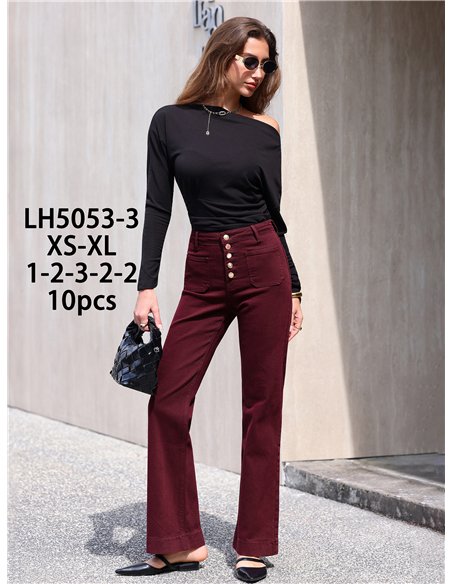 Jeans wide leg burdeos bolsillos parche y botones multicolor