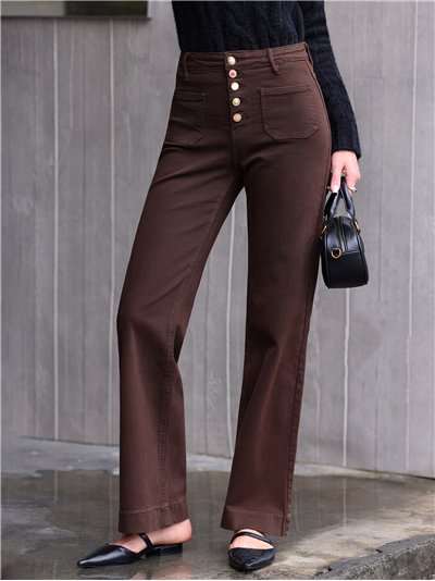 Jeans wide leg marrón bolsillos parche y botones multicolor