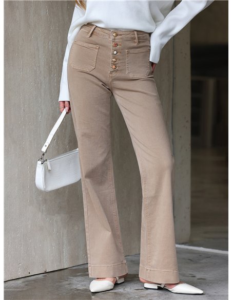 Jeans wide leg beige bolsillos parche y botones multicolor
