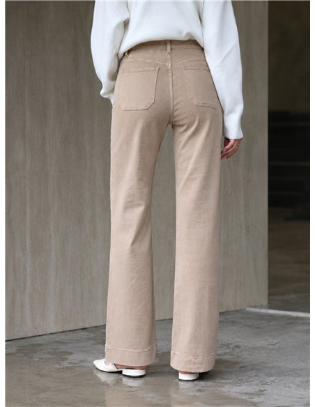 Jeans wide leg beige bolsillos parche y botones multicolor