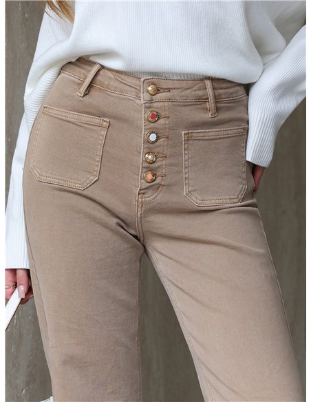 Jeans wide leg beige bolsillos parche y botones multicolor