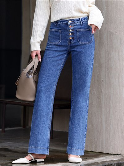 Jeans wide leg bolsillos parche y botones multicolor