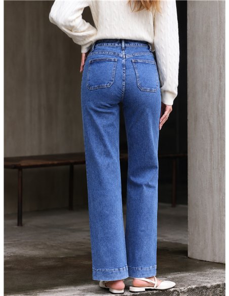 Jeans wide leg bolsillos parche y botones multicolor