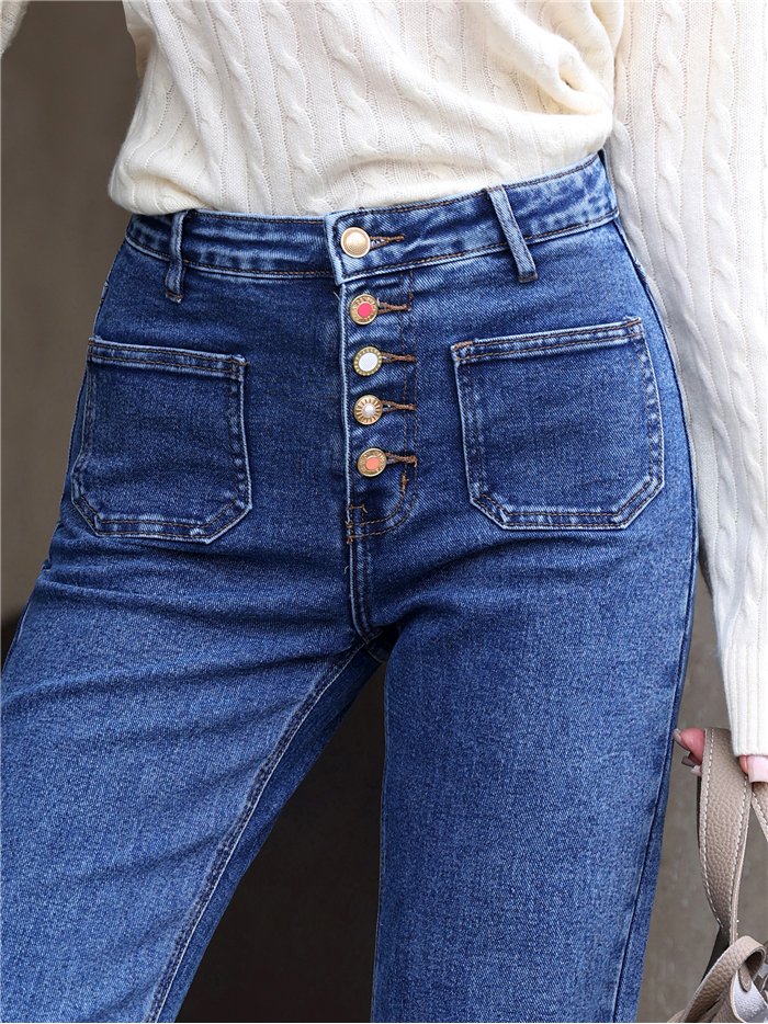 Jeans wide leg bolsillos parche y botones multicolor
