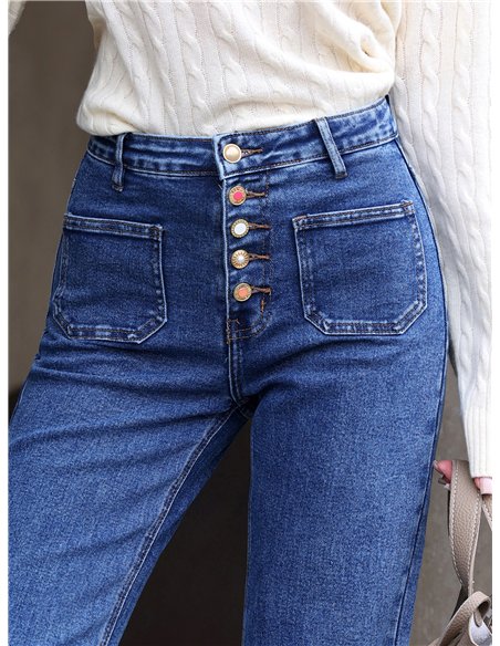 Jeans wide leg bolsillos parche y botones multicolor