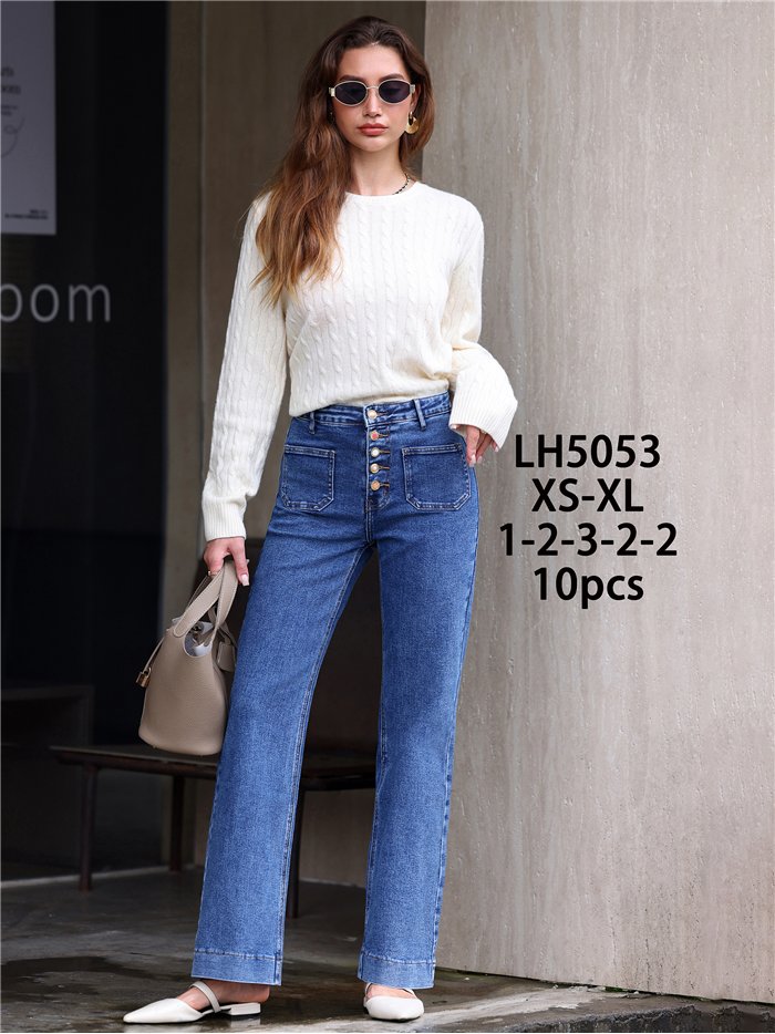 Jeans wide leg bolsillos parche y botones multicolor