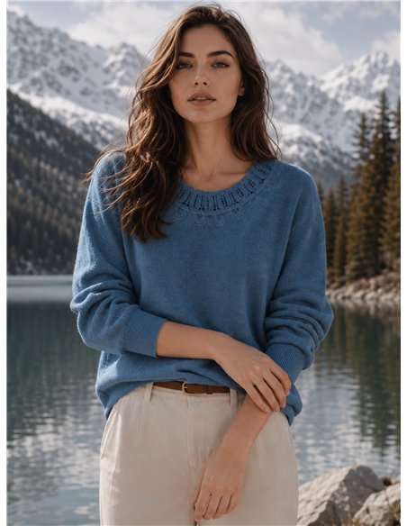 Strickpullover mit durchbrochenem Stickereikragen