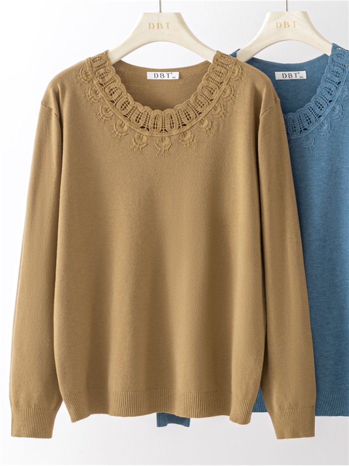 Strickpullover mit durchbrochenem Stickereikragen