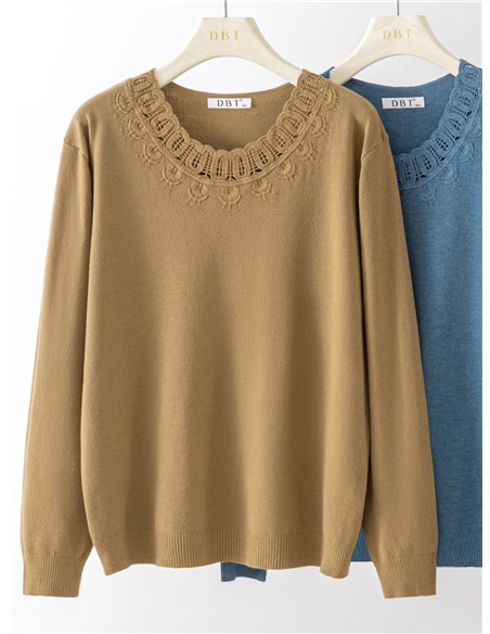 Strickpullover mit durchbrochenem Stickereikragen