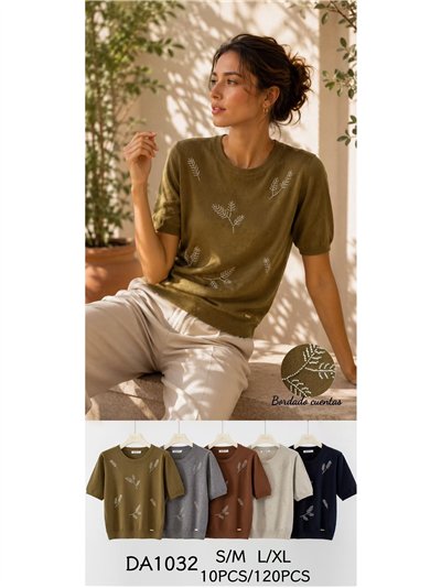 Kurzärmeliger Pullover mit Perlenstickerei 2