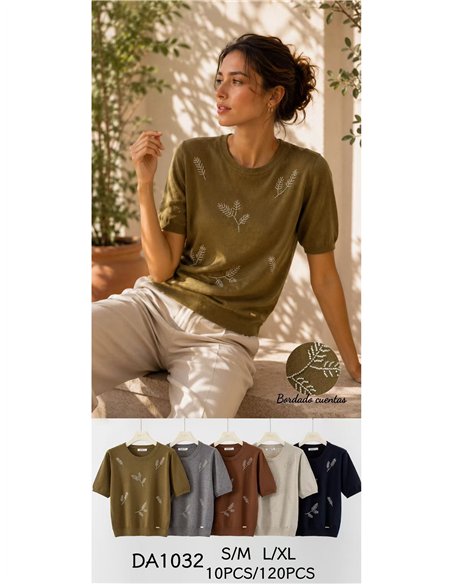 Kurzärmeliger Pullover mit Perlenstickerei