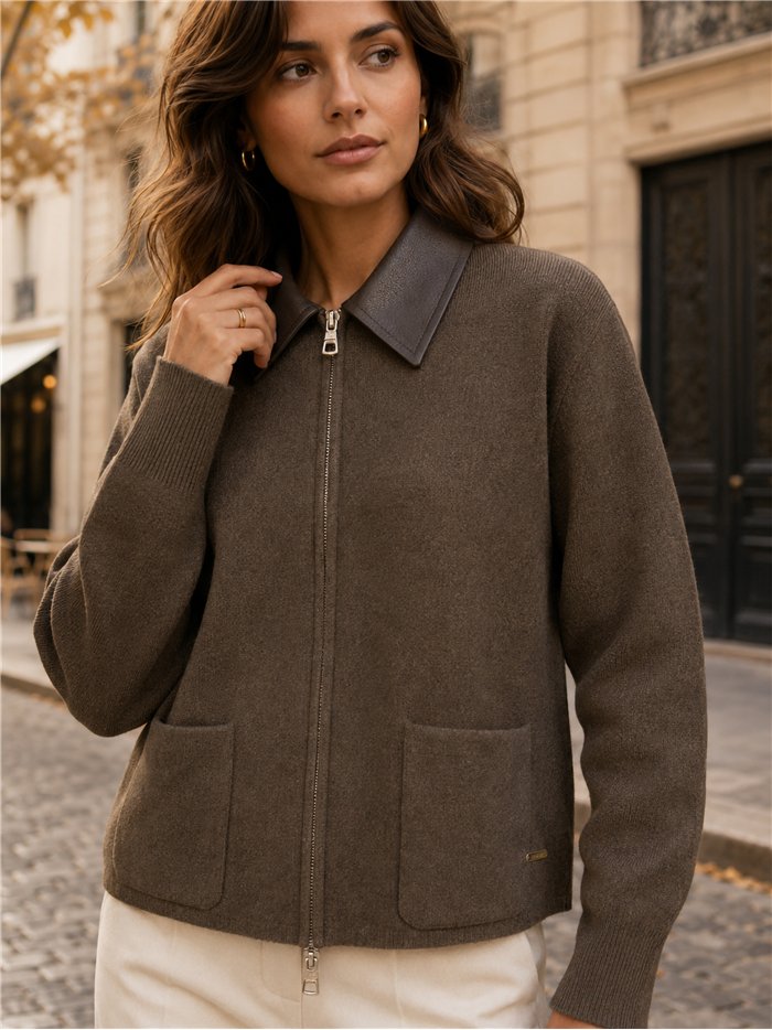 Chaqueta punto cuello efecto piel