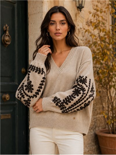 Jersey cuello pico bordados florales
