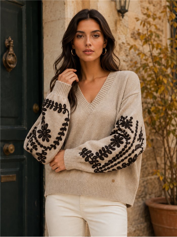 Jersey cuello pico bordados florales