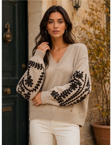 Jersey cuello pico bordados florales