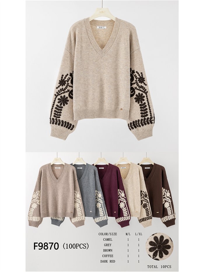 Jersey cuello pico bordados florales
