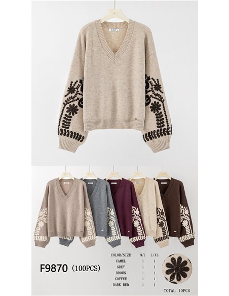 Jersey cuello pico bordados florales