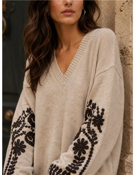 Jersey cuello pico bordados florales