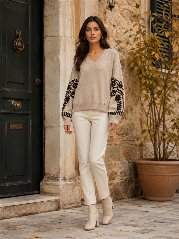Jersey cuello pico bordados florales