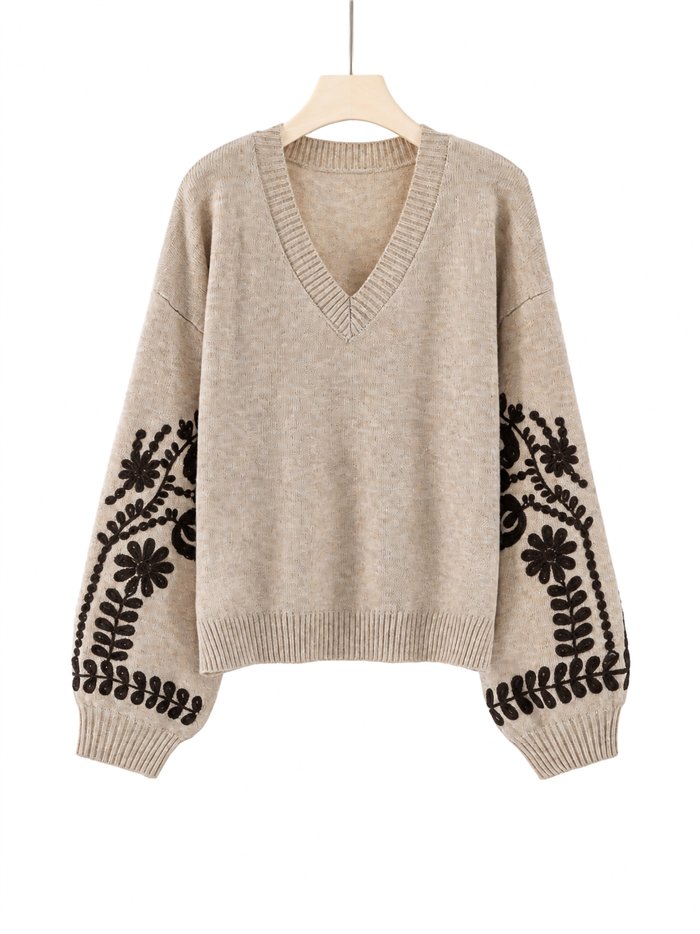 Jersey cuello pico bordados florales