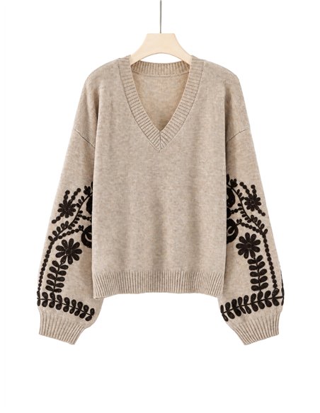 Jersey cuello pico bordados florales