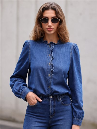 Ruffle front denim shirt