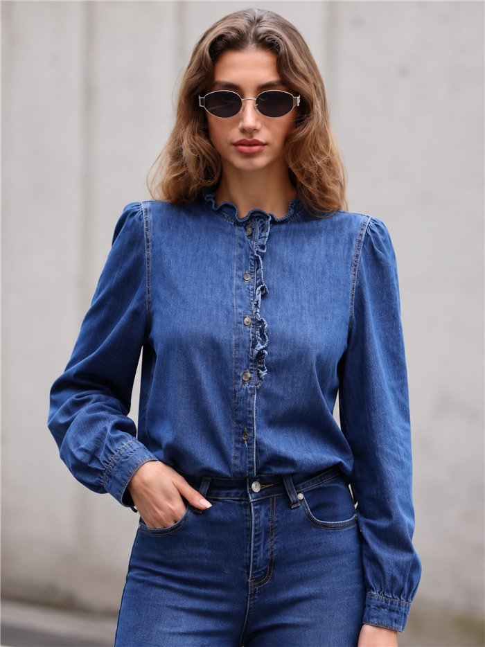 Ruffle front denim shirt