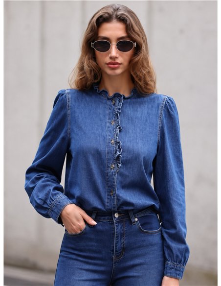 Ruffle front denim shirt
