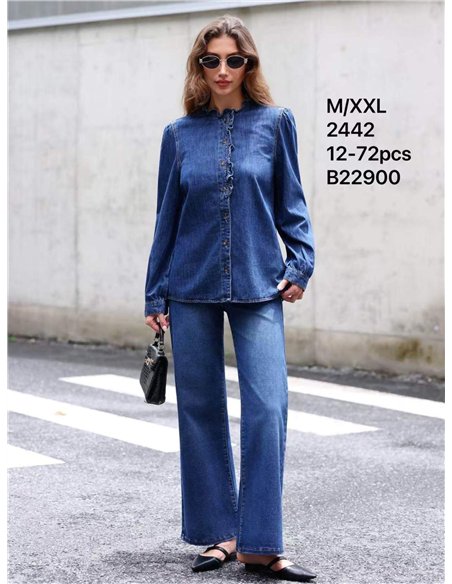 Ruffle front denim shirt