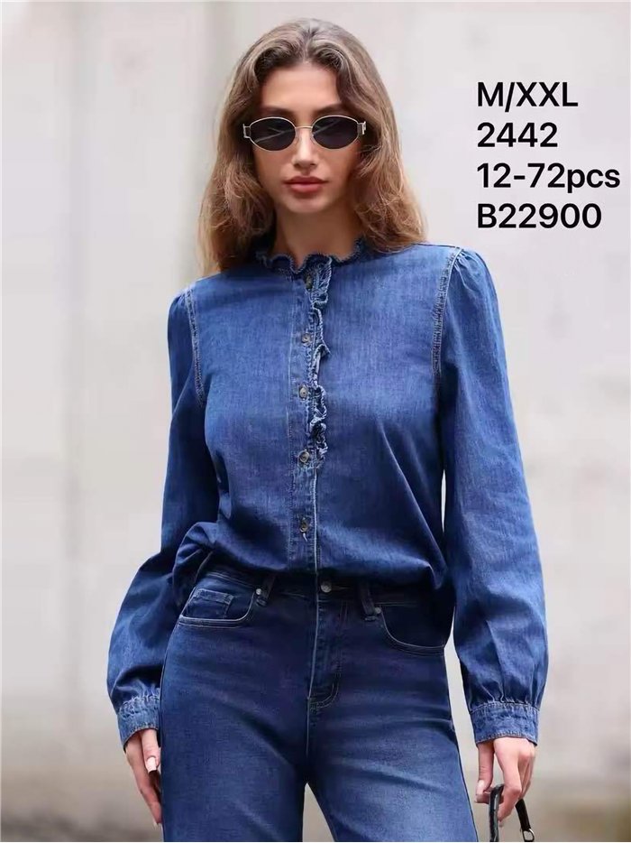Ruffle front denim shirt