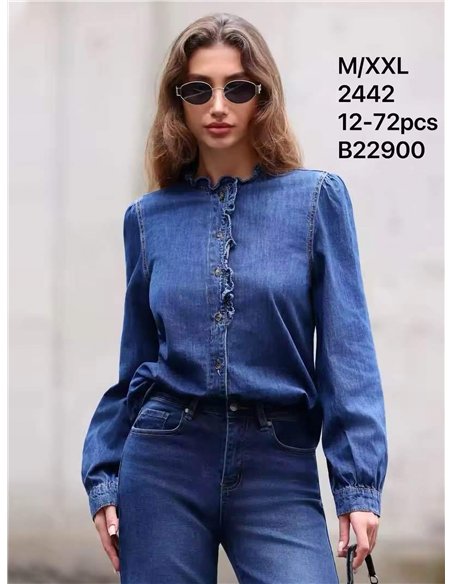 Ruffle front denim shirt