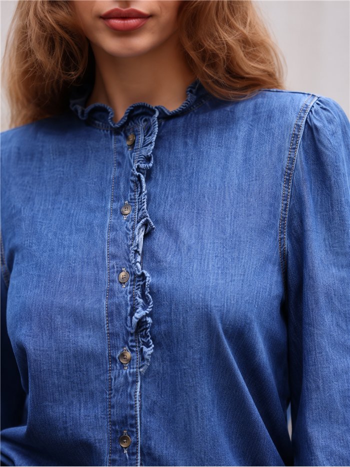 Ruffle front denim shirt