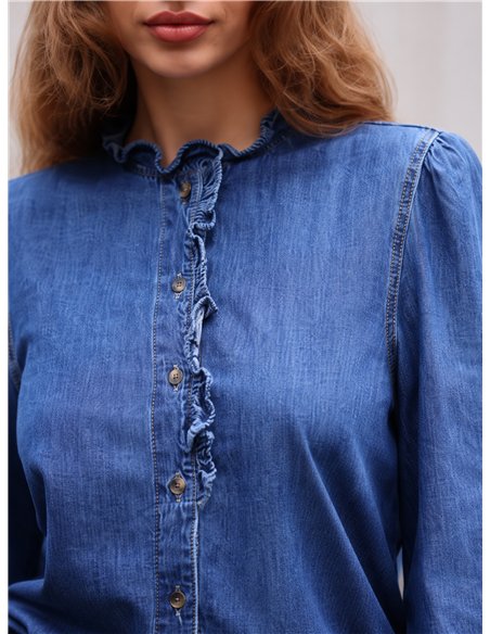 Ruffle front denim shirt