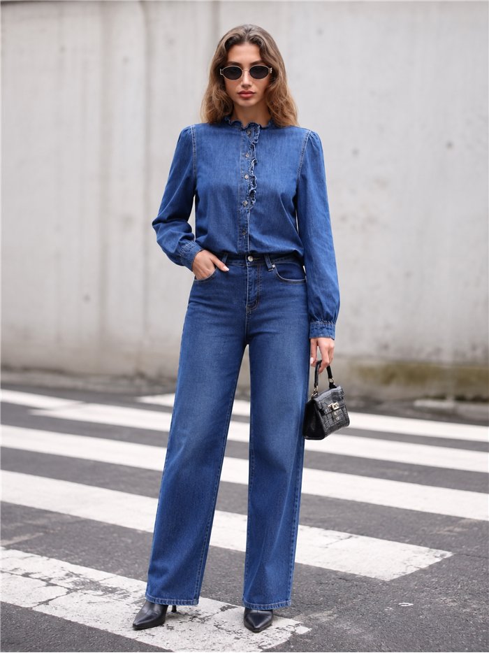 Ruffle front denim shirt