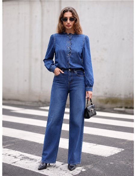 Ruffle front denim shirt
