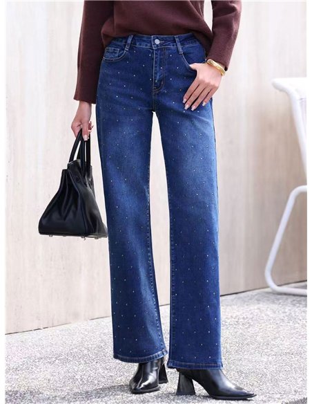 Calça jeans de perna larga com tachas