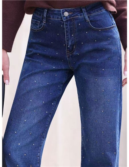 Calça jeans de perna larga com tachas