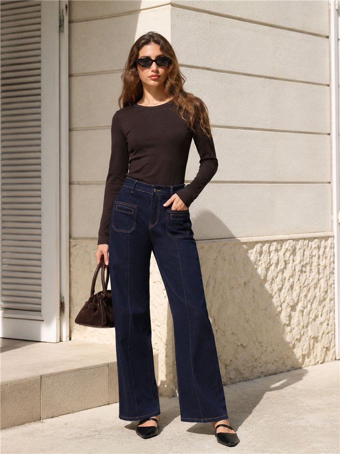 Jeans wide leg bolsillos pespunte