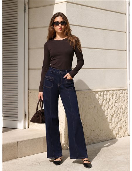Jeans wide leg bolsillos pespunte