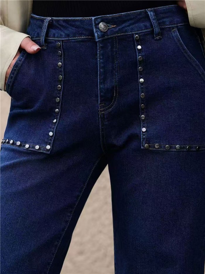 Jeans wide leg bolsillos tachuelas