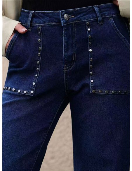 Jeans wide leg bolsillos tachuelas