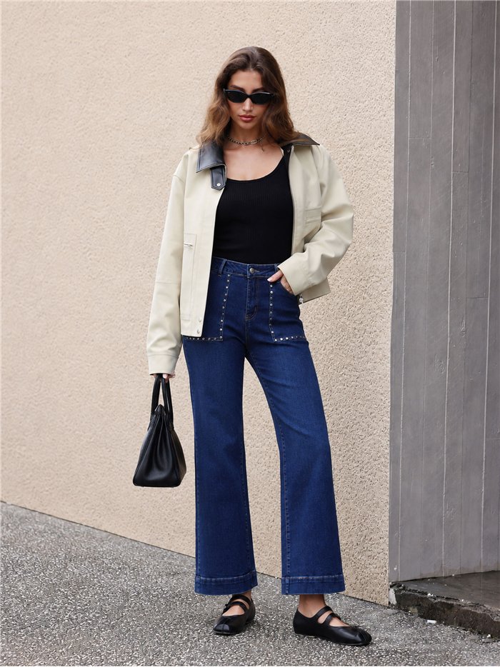 Jeans wide leg bolsillos tachuelas