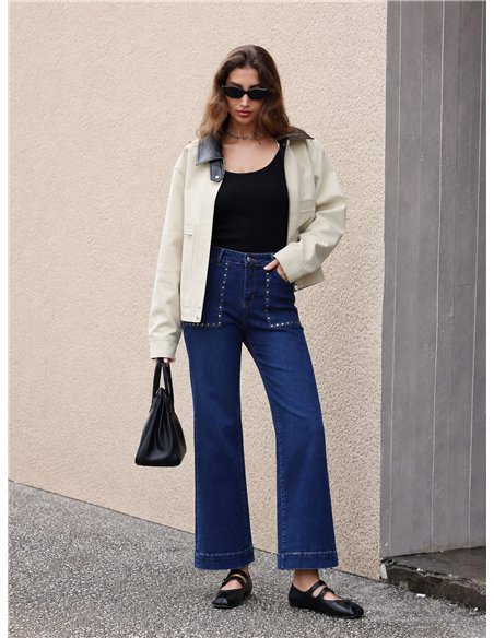 Jeans wide leg bolsillos tachuelas