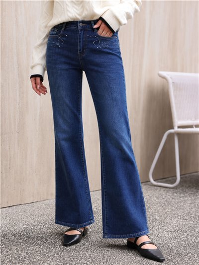 Jeans wide leg tachas bolsillos