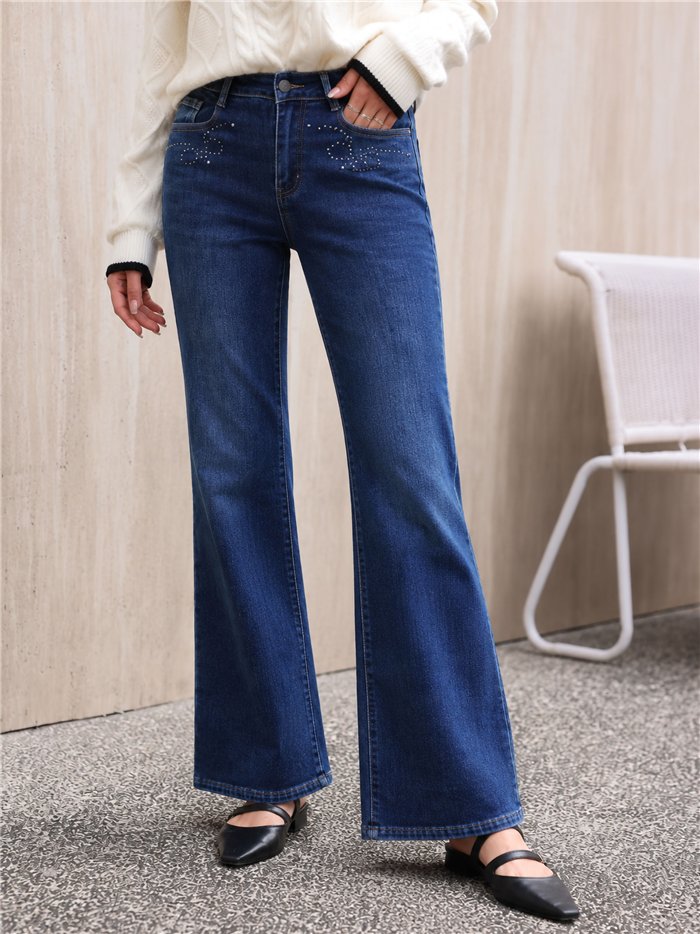 Jeans wide leg tachas bolsillos