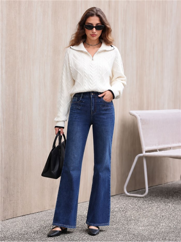 Jeans wide leg tachas bolsillos