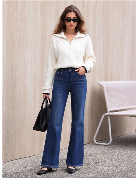 Jeans wide leg tachas bolsillos