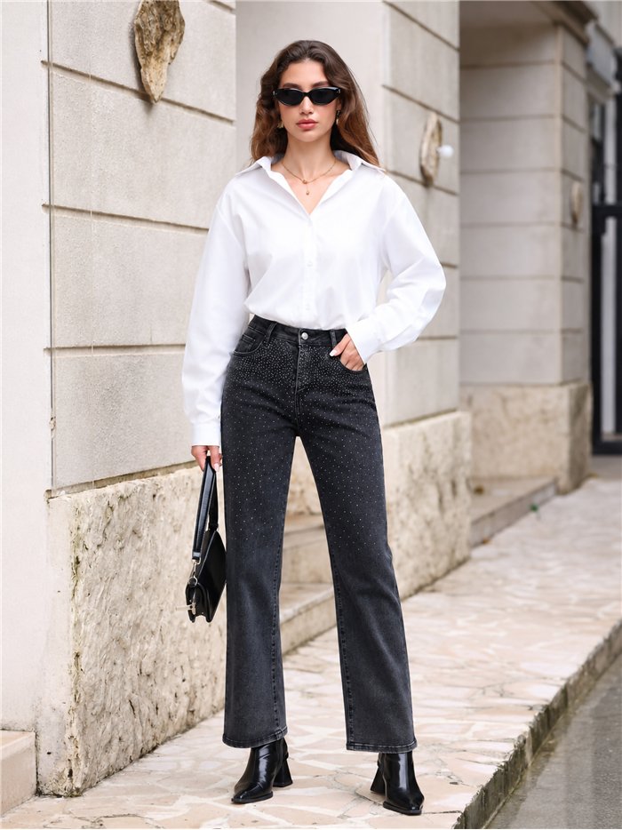 Jeans rectos gris strass
