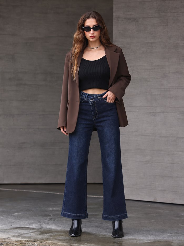 Jeans wide leg cintura cruzada