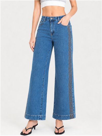 Jeans wide leg banda bordada con tachas